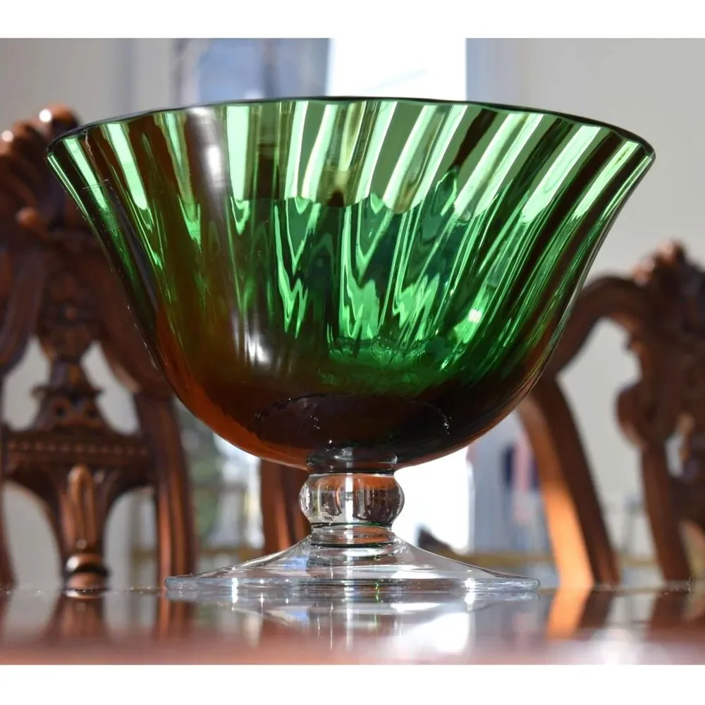 Vintage Emerald Green Pedestal Glass Centerpiece Bowl / Flared Compote Vase